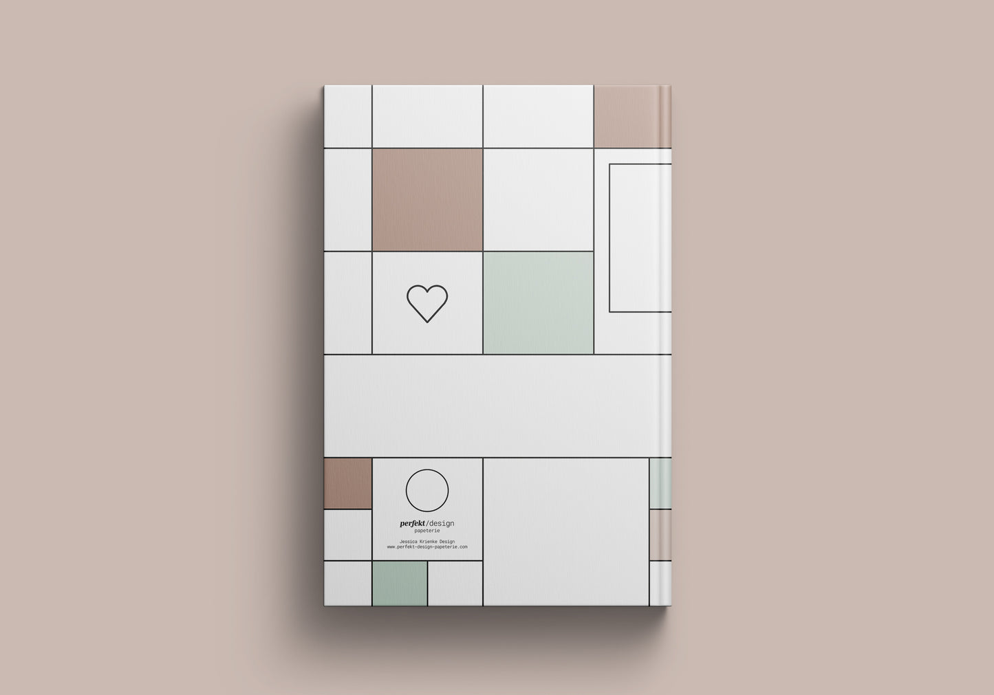Freundebuch minimalistisch, Rückseite des Hardcovers. Die Seiten sind weiß mit schwarzen Linien und hellbraunen und mintfarbenen Feldern.