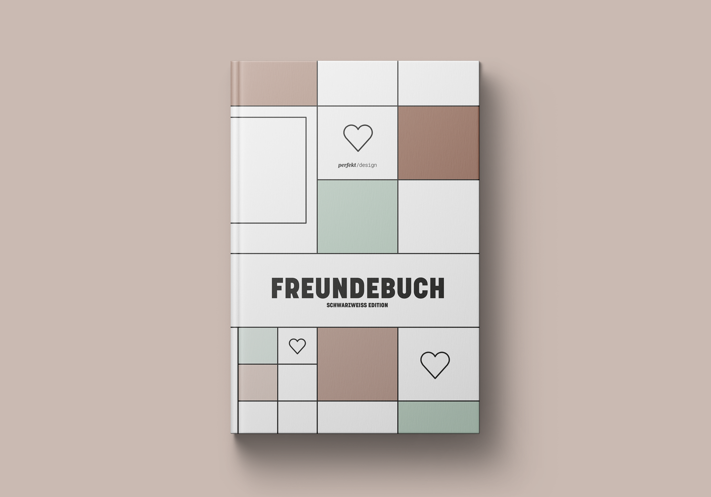 Freundebuch Hardcover, die Farben sind mint und braun, das Design minimalistisch. Freundebuch minimalistisch, offene Doppelseite. Die Seiten sind schwarzweiß.