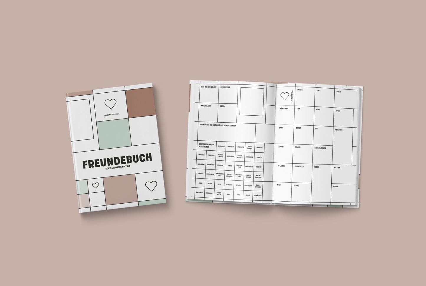 Freundebuch Hardcover, die Farben sind mint und braun, das Design minimalistisch. Rechts das aufgeschlagene Buch. Die Seiten sind schwarzweiß.