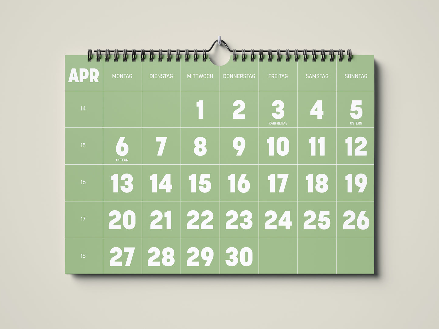 Kalender 2026: Bild eines Wandkalenders in Querformat DIN A4. Der Kalender ist minimalistisch. Jedes Kalenderblatt hat eine monatstypische Farbgebung auf weißer Schrift. Hier ist das Kalenderblatt von Januar zu sehen in der Farbe matcha grün.