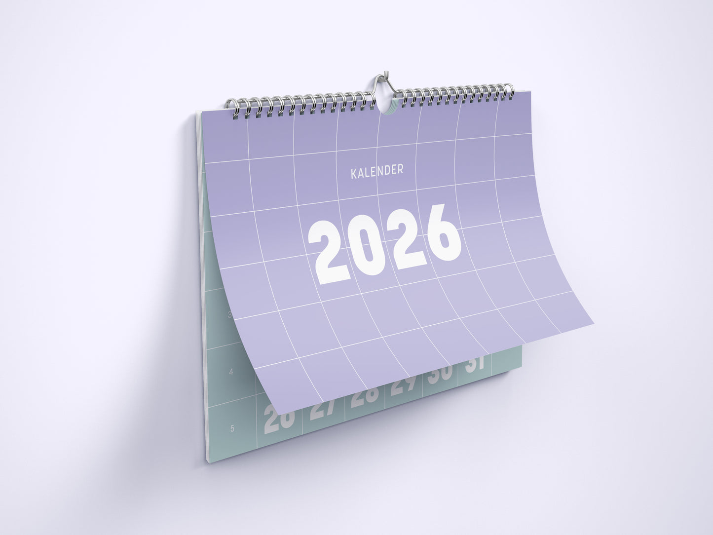 Wandkalender mit Spiralbindung für das Jahr 2026 Titelbild im Querformat DIN A4. Der Kalender ist minimalistisch. Jedes Kalenderblatt hat eine monatstypische Farbgebung auf weißer Schrift. Das Cover ist in der Farbe Lavendel mit Jahreszahl. Darunter sieht man das Kalenderblatt Januar in eisblau.
