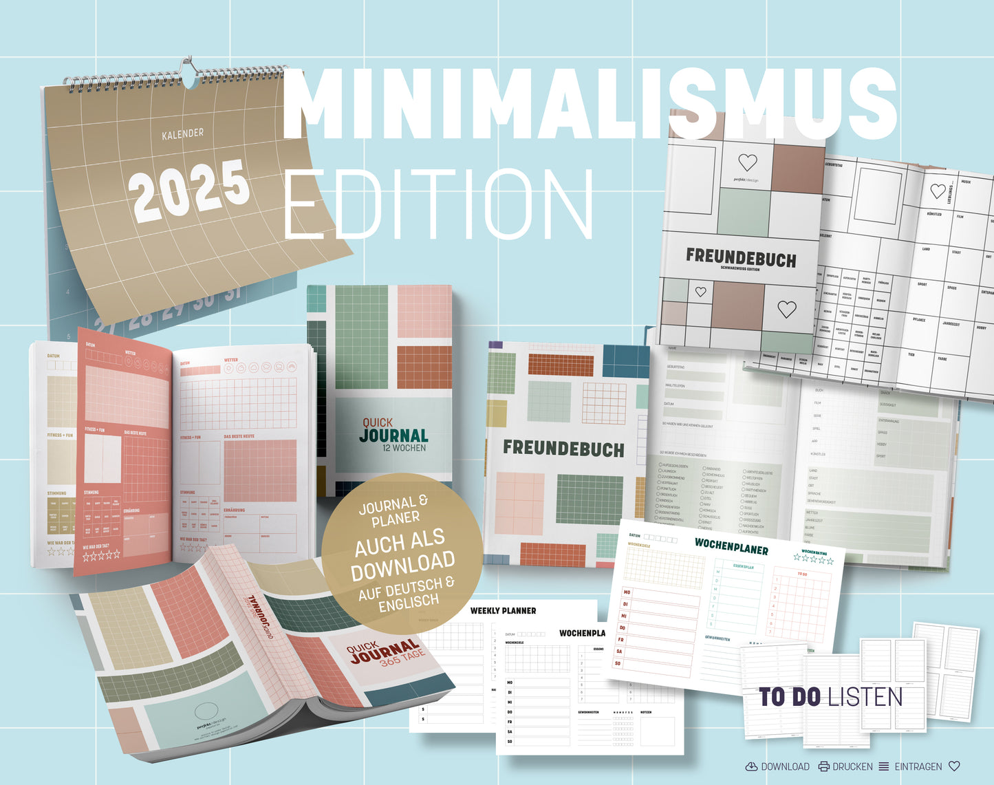 Produkte aus der Minimalismus-Kollektion, Kalender, Quick Journals Freundbücher, Wochenplaner, To Do Liste
