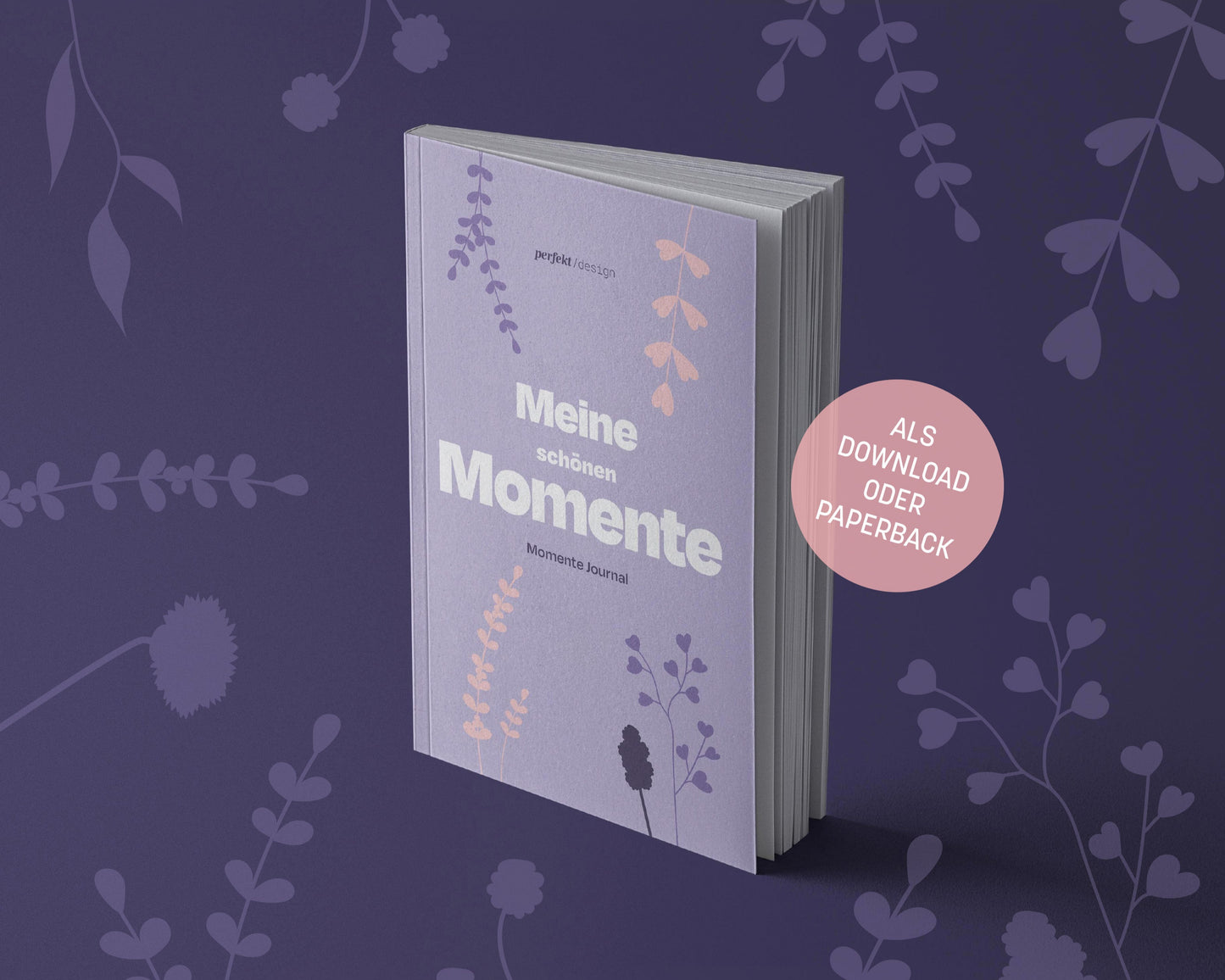 Titel Cover Momente Tagebuch in Lila mit violetten und rosa Bluemen-Illustrationen