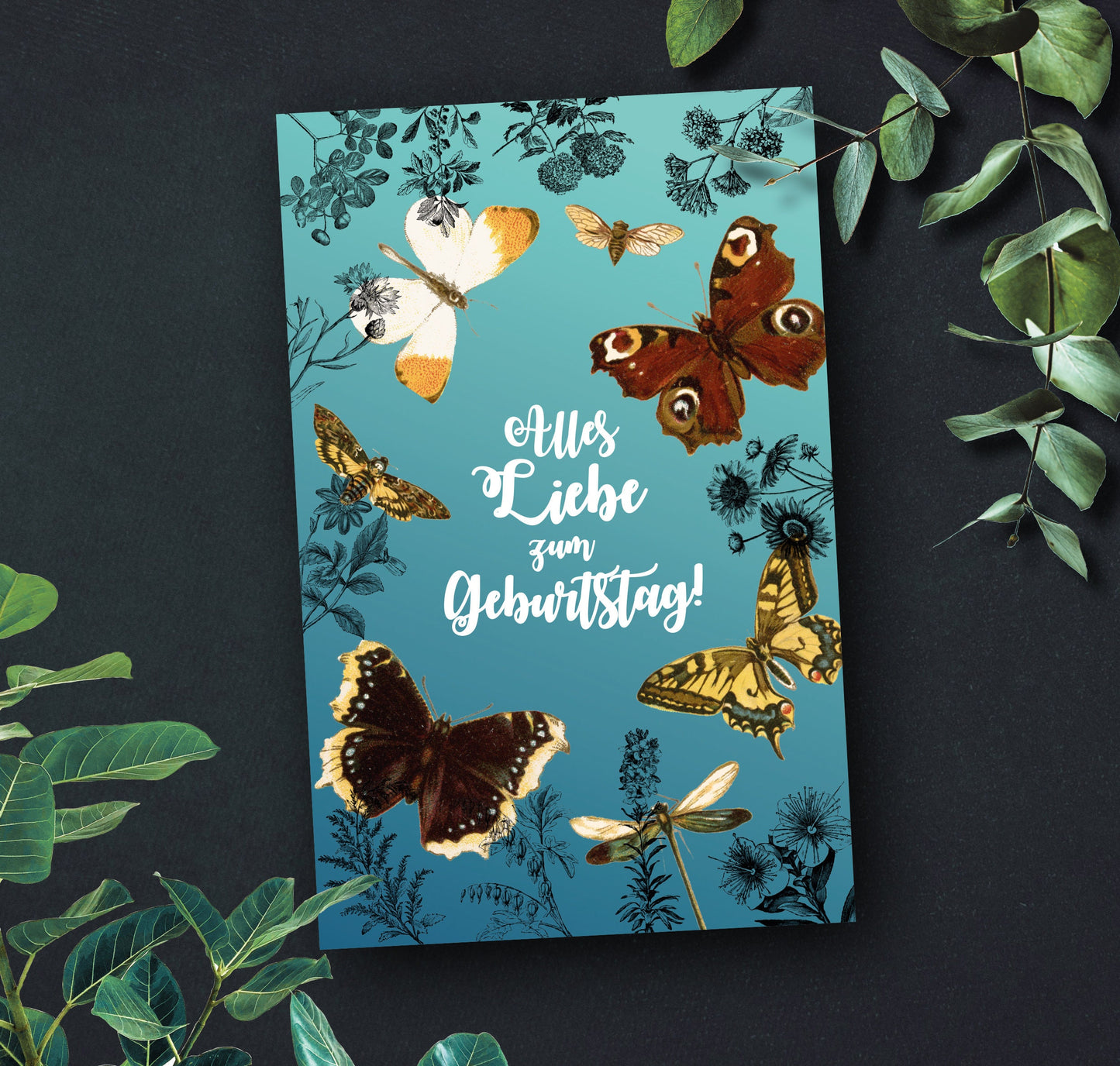 Grußkarte | Geburtstagskarte | Schmetterlinge und Pflanzen | Vintage | blau