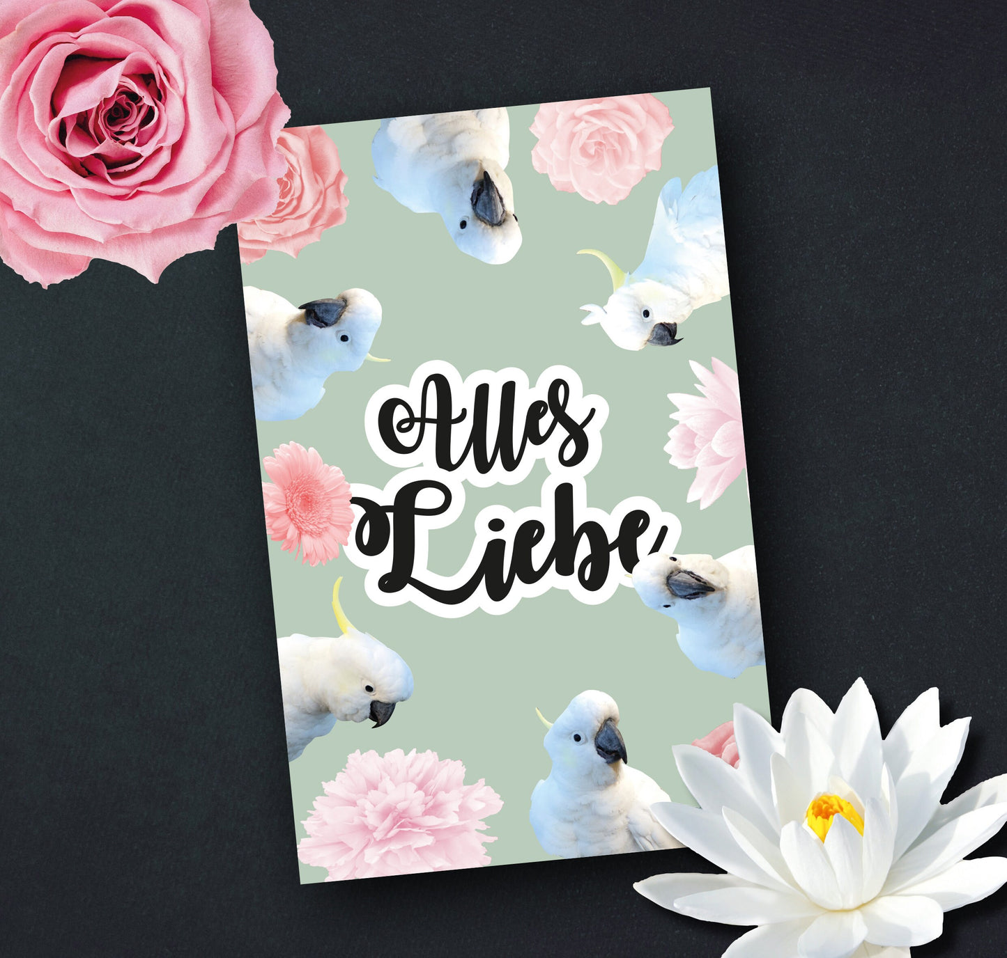 Grußkarte | Geburtstagskarte | Kakadus mit Blumen | rosa, mint