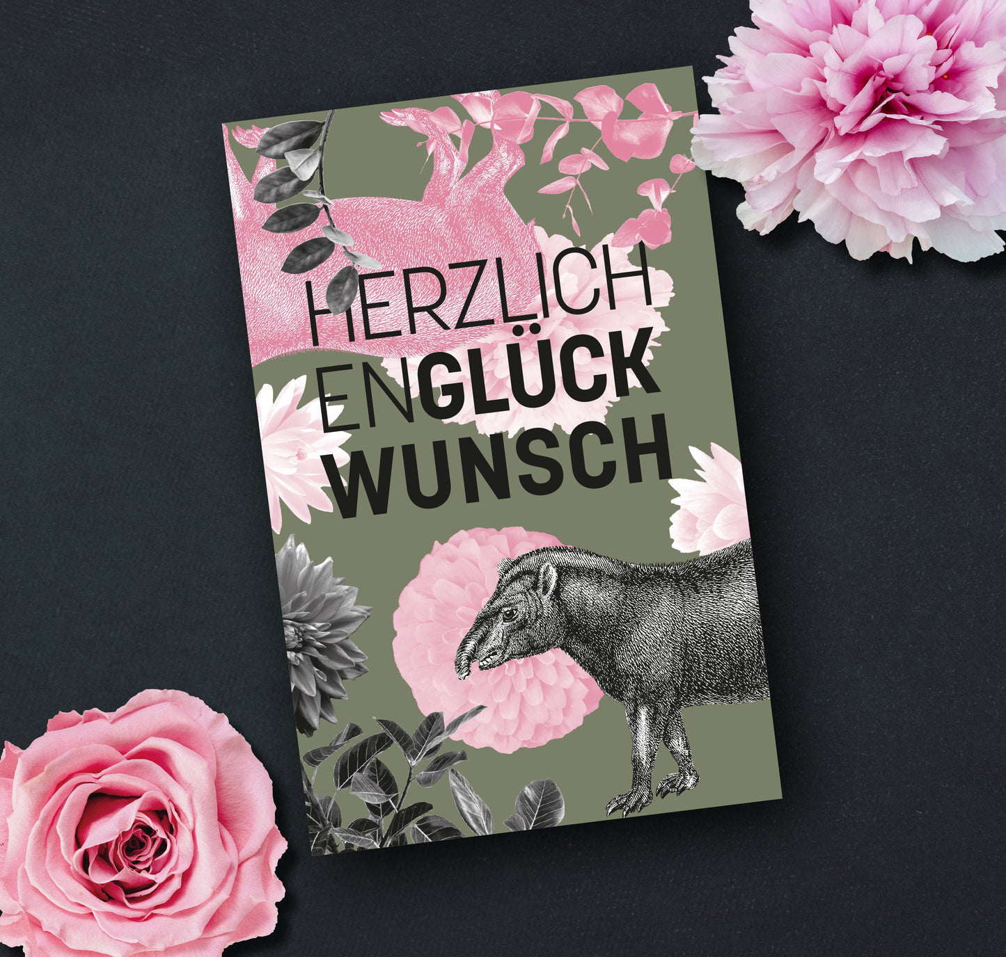 Grußkarte | Geburtstagskarte | Vintage Tapir | mit Blumen | rosa