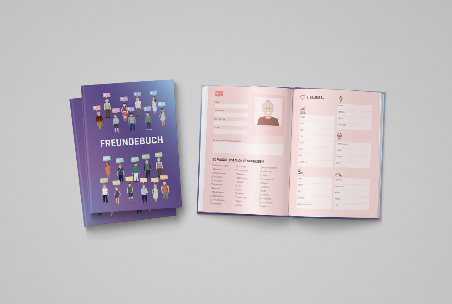 Freundebuch für 20 Freunde | Regenbogen & lila | A5