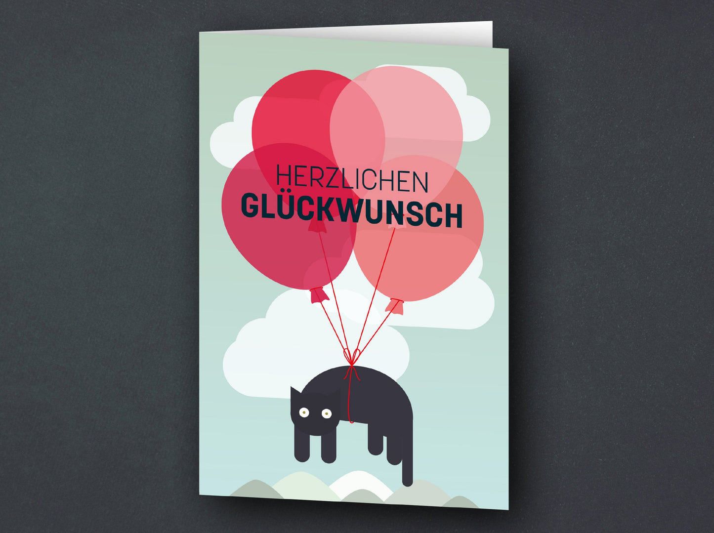 Glückwunschkarte | Fliegende Katze mit Ballons | Geburtstagskarte