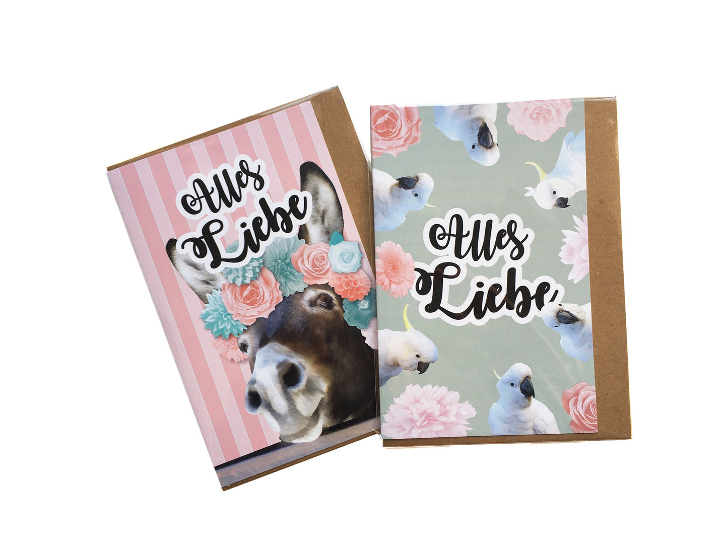 Grußkarte | Geburtstagskarte | Kakadus mit Blumen | rosa, mint