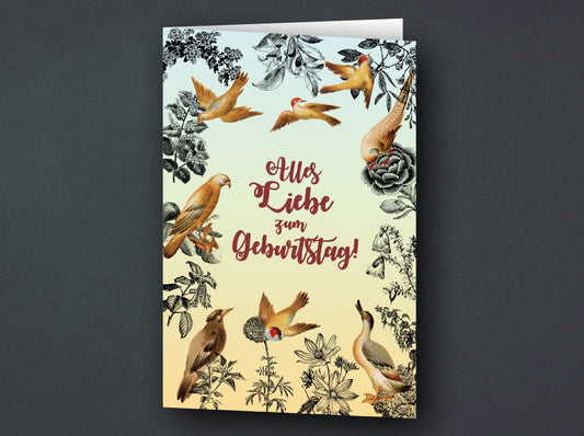 Grußkarte | Geburtstagskarte | Vögel und Pflanzen | Vintage | gelb hellblau