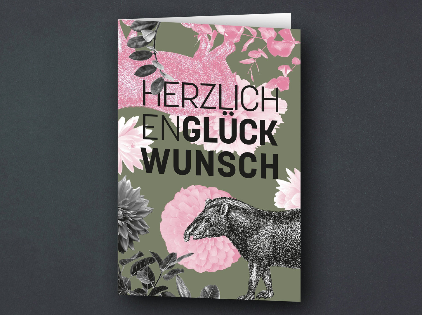 Grußkarte | Geburtstagskarte | Vintage Tapir | mit Blumen | rosa