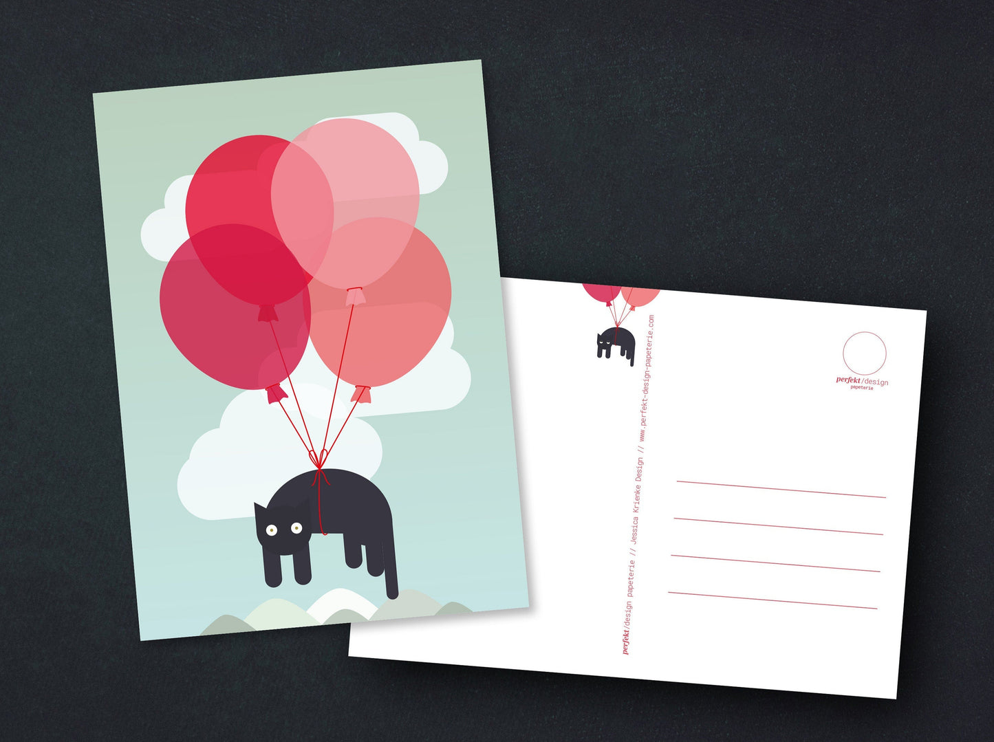 Postkarte | Fliegende Katze mit Ballons | Illustration | A6