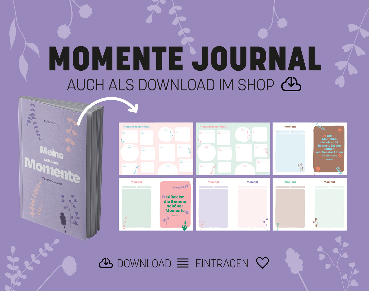 Teaser: Das Momente Journal ist auch als Download erhältlich. Man sieht Cover und einige Innenseiten.