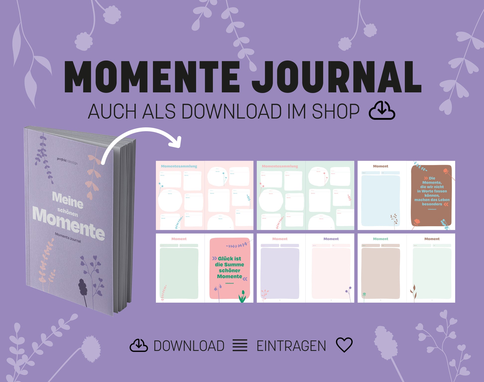 Teaser: Das Momente Journal ist auch als Download erhältlich. Man sieht Cover und einige Innenseiten.