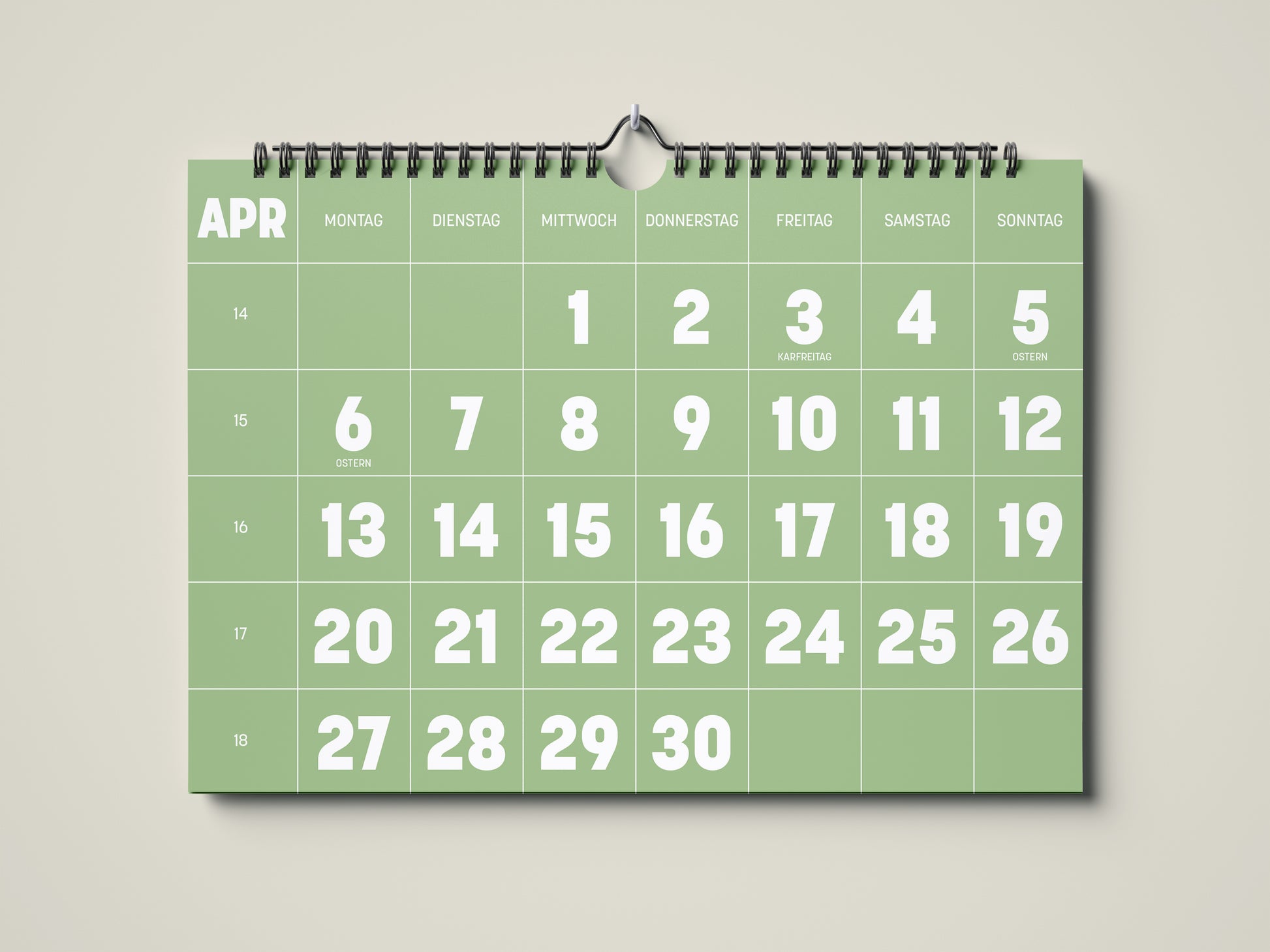 Kalender 2026: Bild eines Wandkalenders in Querformat DIN A4. Der Kalender ist minimalistisch. Jedes Kalenderblatt hat eine monatstypische Farbgebung auf weißer Schrift. Hier ist das Kalenderblatt von Januar zu sehen in der Farbe matcha grün.