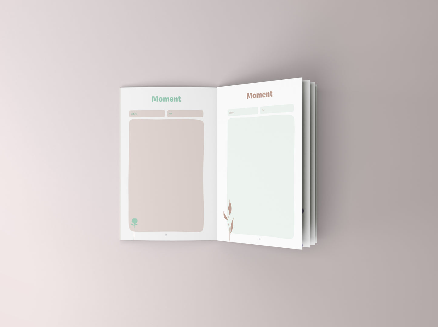 Beispielseite für die kleinen Momente im Leben, hier in den Farben mint grün und Mocca Mousse.