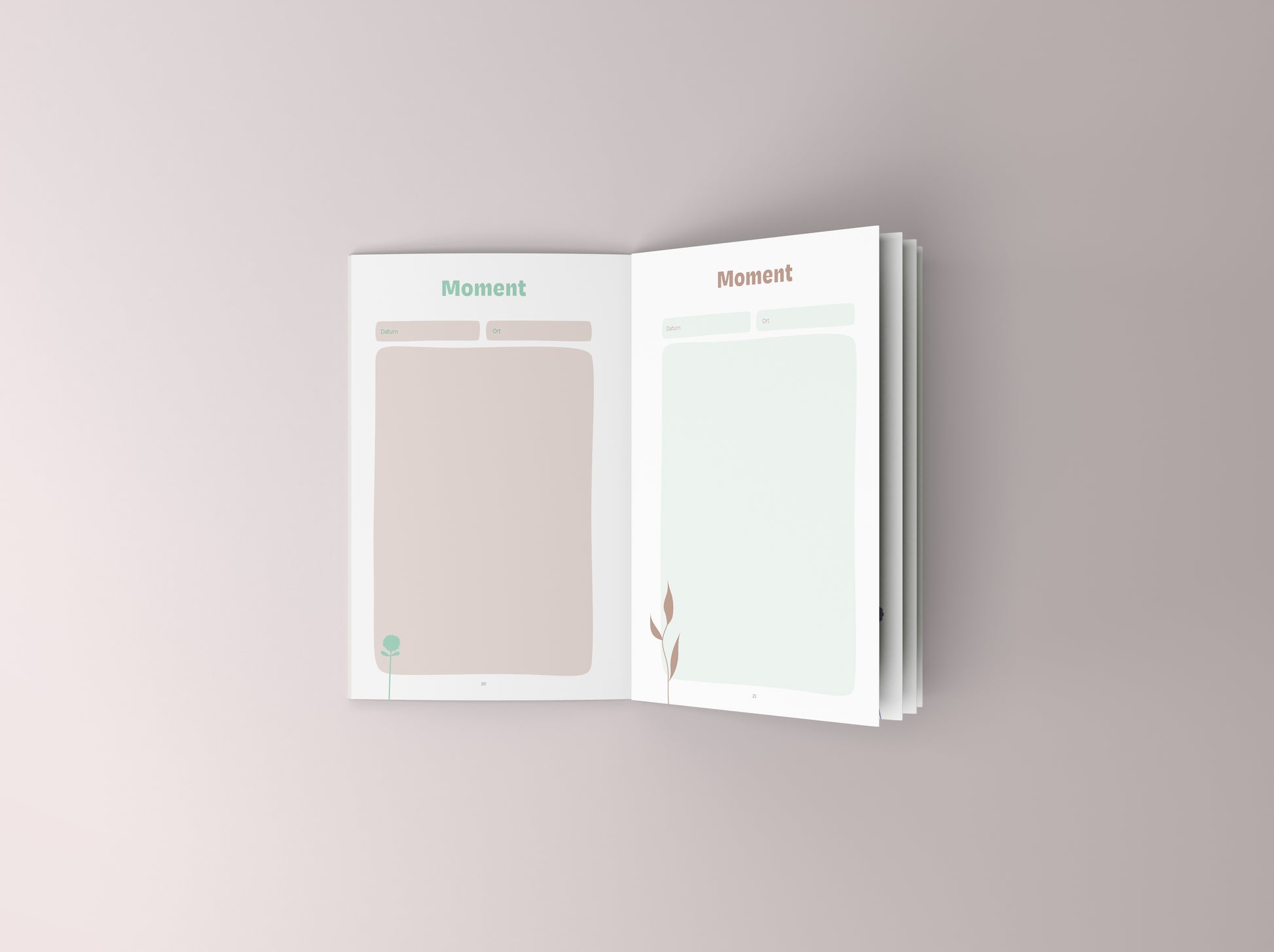 Beispielseite für die kleinen Momente im Leben, hier in den Farben mint grün und Mocca Mousse.