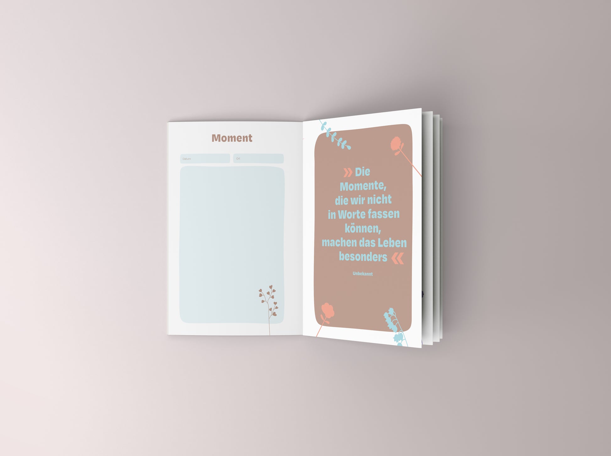 Beispielseite für die großen Momente im Leben, hier in den Farben hellblau und Mocca Mousse. Rechts ein inspirierender Spruch.