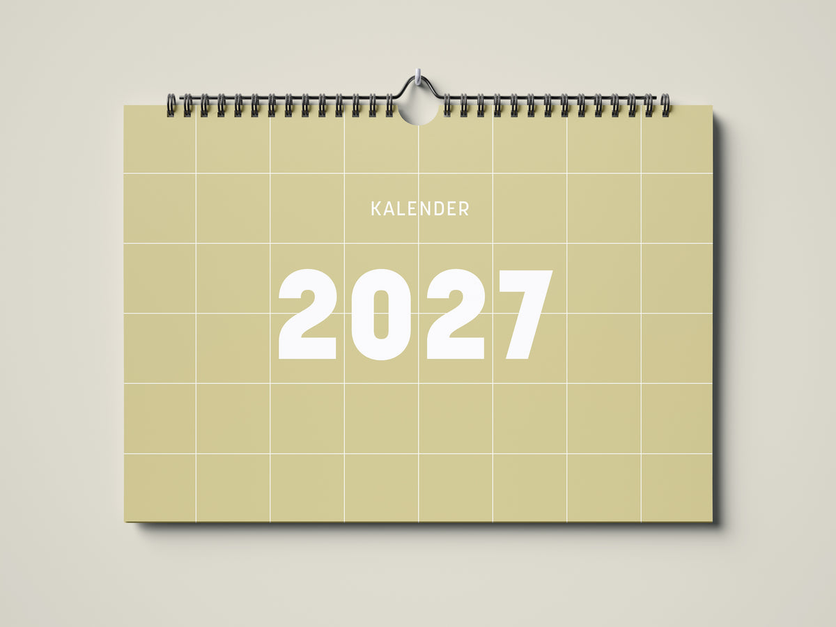Wandkalenders 2027 Titelbild im Querformat DIN A4. Der Kalender ist minimalistisch. Jedes Kalenderblatt hat eine monatstypische Farbgebung auf weißer Schrift. Das Cover ist hell golden mit großer Jahreszahl.