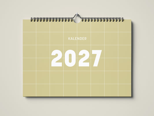 Wandkalenders 2027 Titelbild im Querformat DIN A4. Der Kalender ist minimalistisch. Jedes Kalenderblatt hat eine monatstypische Farbgebung auf weißer Schrift. Das Cover ist hell golden mit großer Jahreszahl.