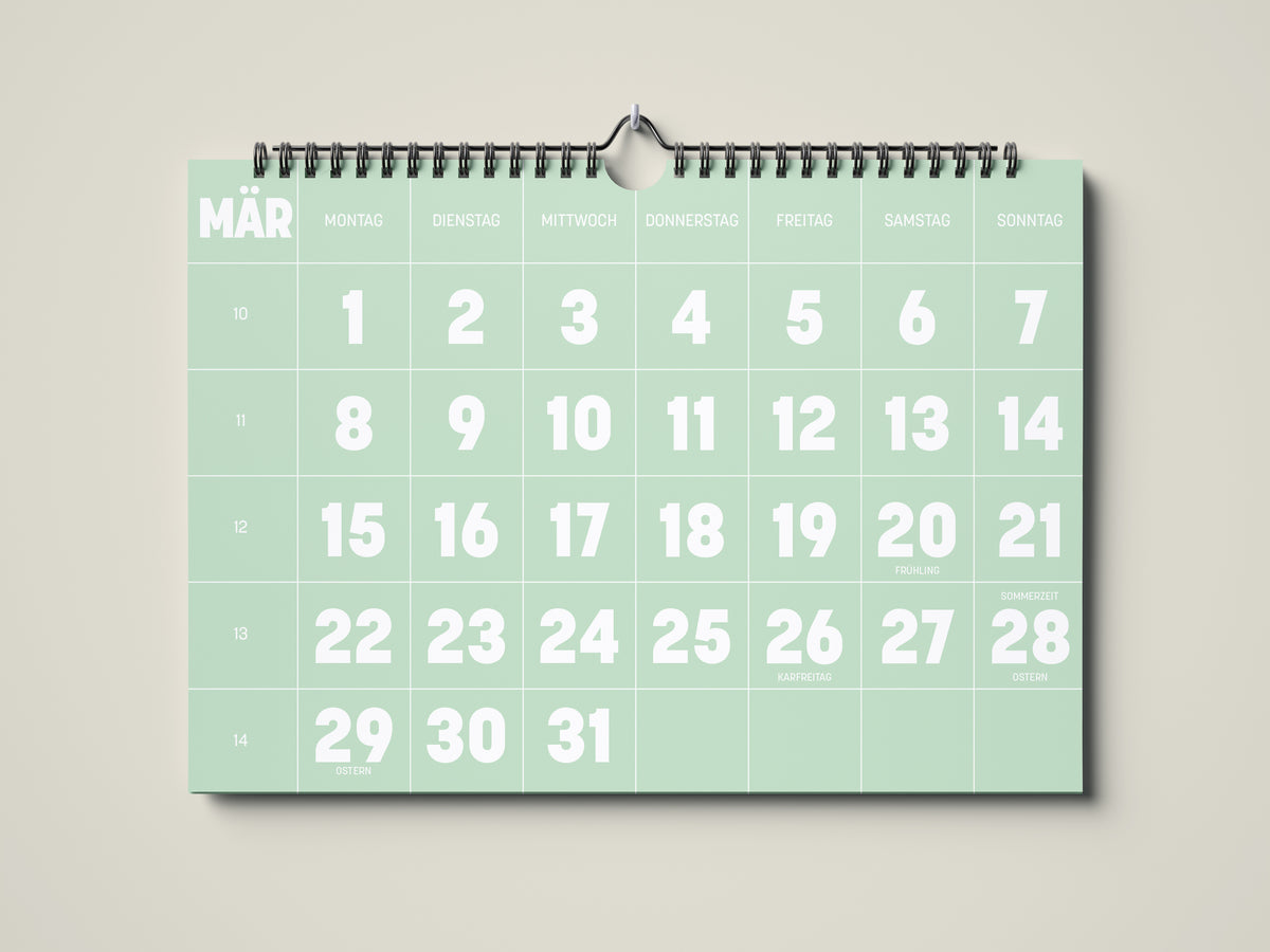 Kalender 2027: Bild eines Wandkalenders in Querformat DIN A4. Der Kalender ist minimalistisch. Jedes Kalenderblatt hat eine monatstypische Farbgebung auf weißer Schrift. Hier ist das Kalenderblatt von März zu sehen.