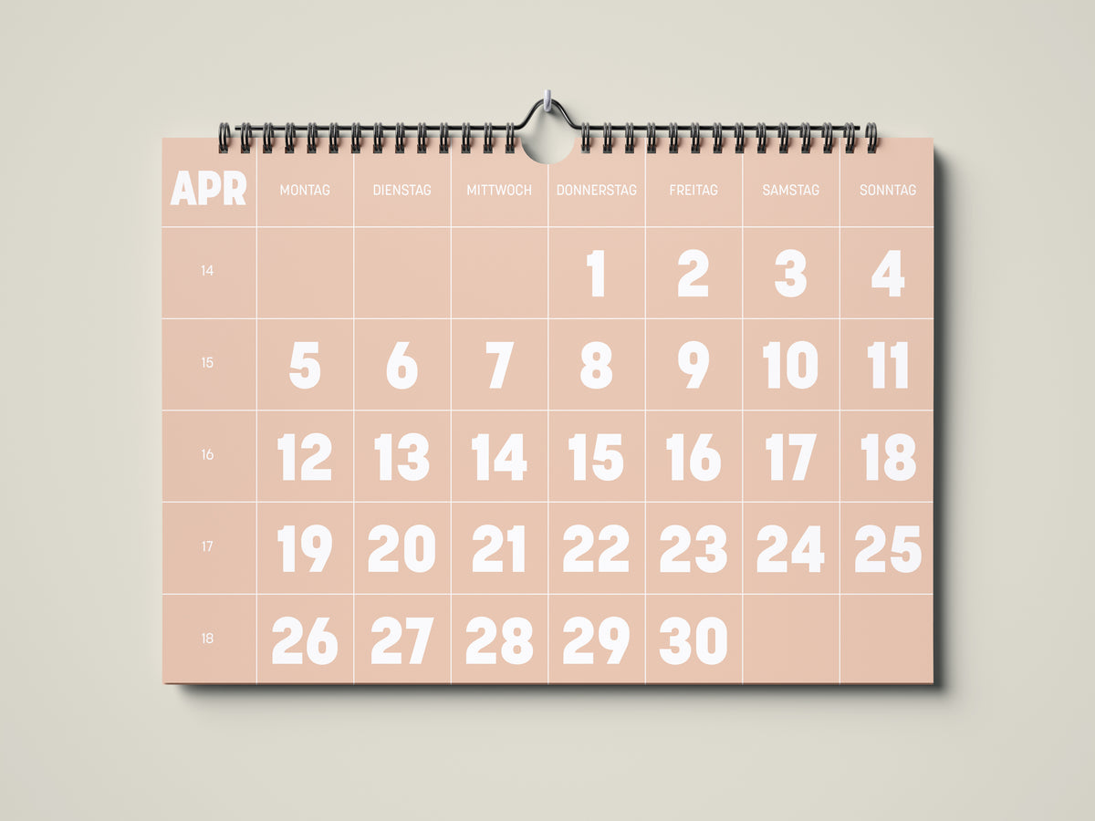 Kalender 2027: Bild eines Wandkalenders in Querformat DIN A4. Der Kalender ist minimalistisch. Jedes Kalenderblatt hat eine monatstypische Farbgebung auf weißer Schrift. Hier ist das Kalenderblatt von April zu sehen.