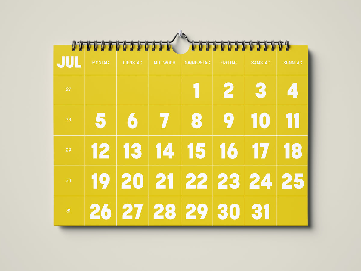 Kalender 2027: Bild eines Wandkalenders in Querformat DIN A4. Der Kalender ist minimalistisch. Jedes Kalenderblatt hat eine monatstypische Farbgebung auf weißer Schrift. Hier ist das Kalenderblatt von Juli zu sehen.