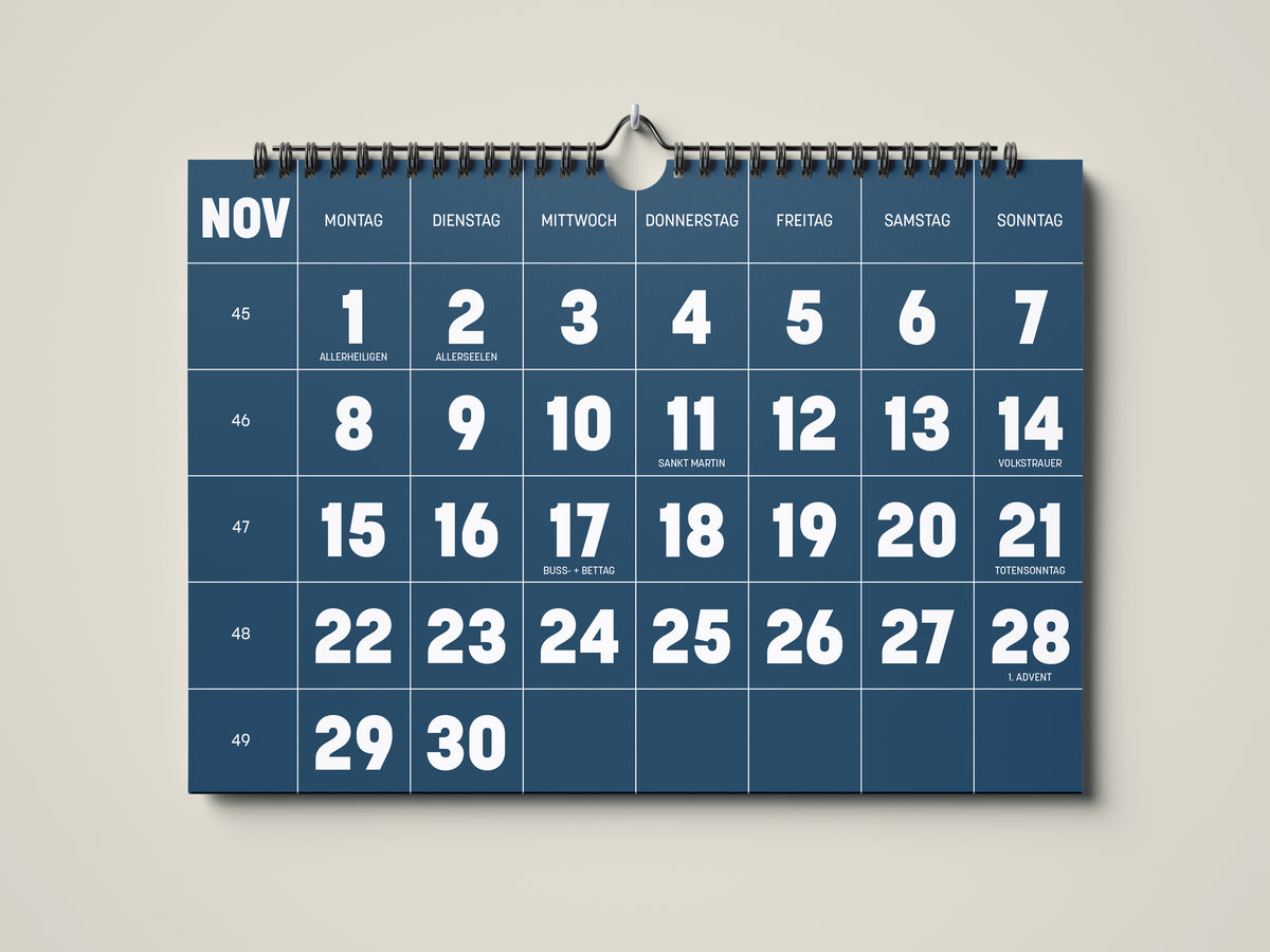 Kalender 2027: Bild eines Wandkalenders in Querformat DIN A4. Der Kalender ist minimalistisch. Jedes Kalenderblatt hat eine monatstypische Farbgebung auf weißer Schrift. Hier ist das Kalenderblatt von November zu sehen.