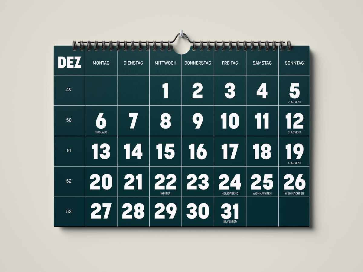 Kalender 2027: Bild eines Wandkalenders in Querformat DIN A4. Der Kalender ist minimalistisch. Jedes Kalenderblatt hat eine monatstypische Farbgebung auf weißer Schrift. Hier ist das Kalenderblatt von Dezember zu sehen.