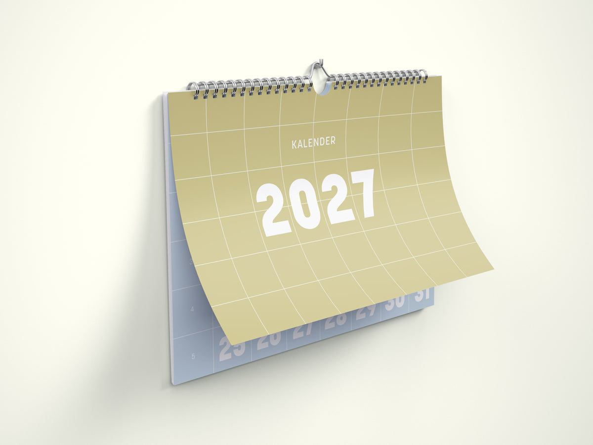 Wandkalenders 2027 Titelbild im Querformat DIN A4. Der Kalender ist minimalistisch. Jedes Kalenderblatt hat eine monatstypische Farbgebung auf weißer Schrift. Das Cover ist hell lila mit großer Jahreszahl.