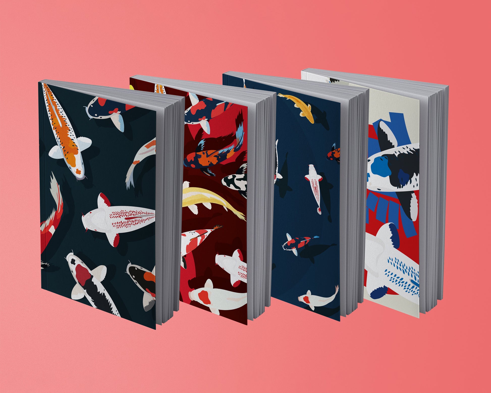 Cover von 4 Notizbüchern mit Illustrationen von japanischen Koi Karpfen als Motive. Die Bücher sind in den farben blau, rot, beige gehalten, die Karpfen in typischen Koi-Farben.