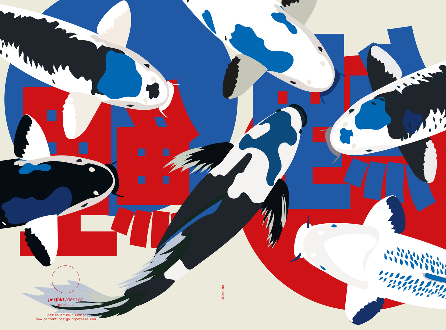 Cover Vorder- und Rückseite von einem Notizbuch mit Illustrationen von japanischen Koi Karpfen als Motiv. Der Hintergrund ist beige mit einem großen hellroten Kreis wie die japanische Flagge. In großen Lettern steht darauf das japanische Wort für "Koi". Die Karpfen sind in den Farben rot, weiß, schwarz, blau.