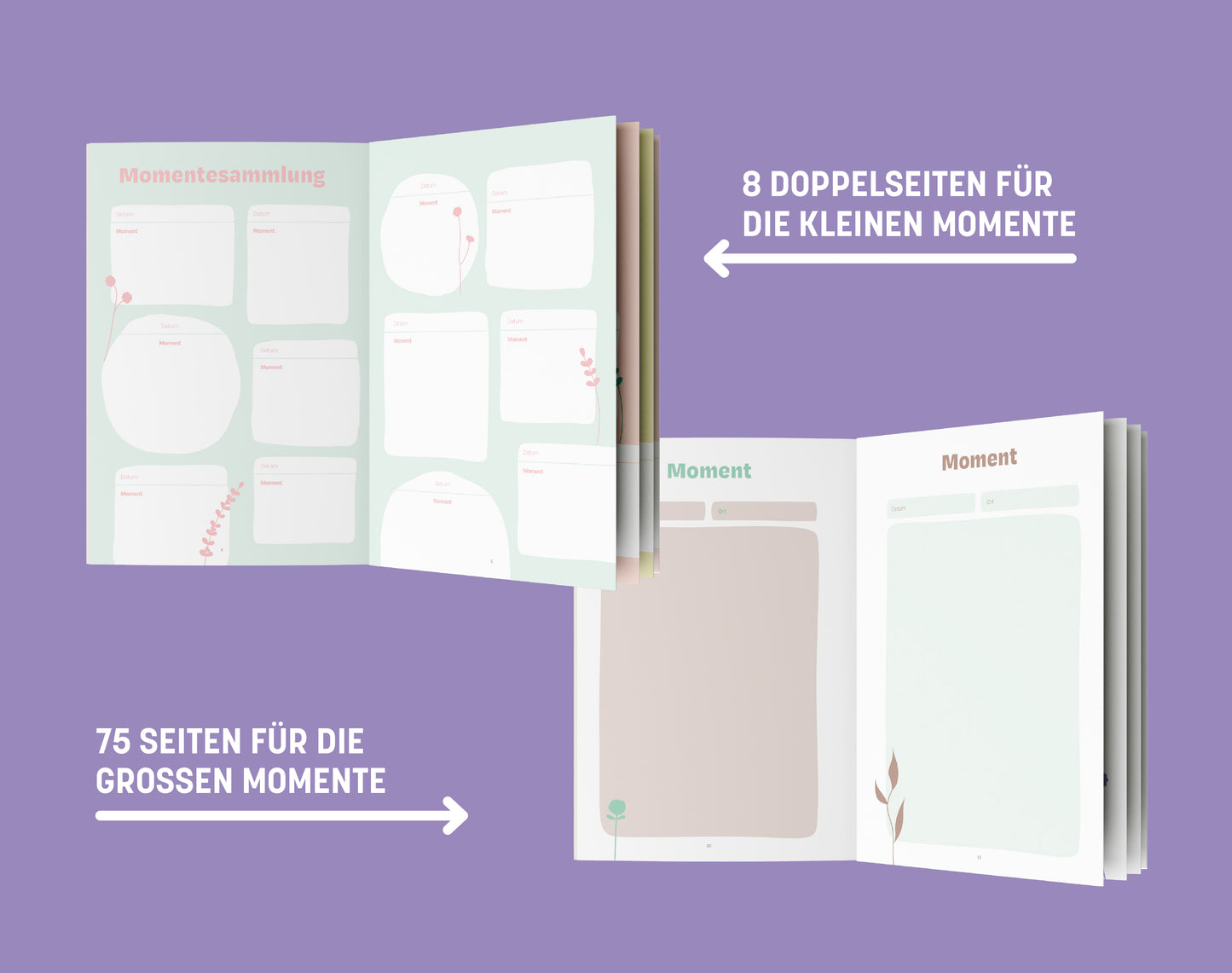 Innenseite Momente Buch links ist Platz für eine Sammlung von kleinen Momenten, rechts für große Momente.