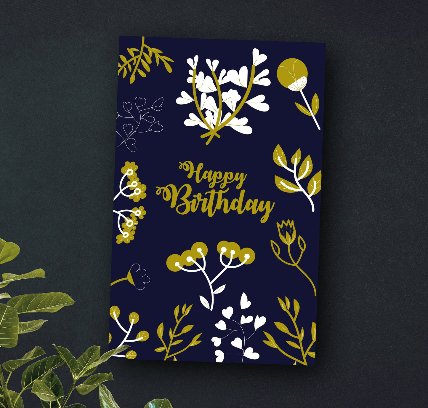 Grußkarte | Geburtstagskarte | Florale Blumen & Pflanzen blau und gold | Illustration