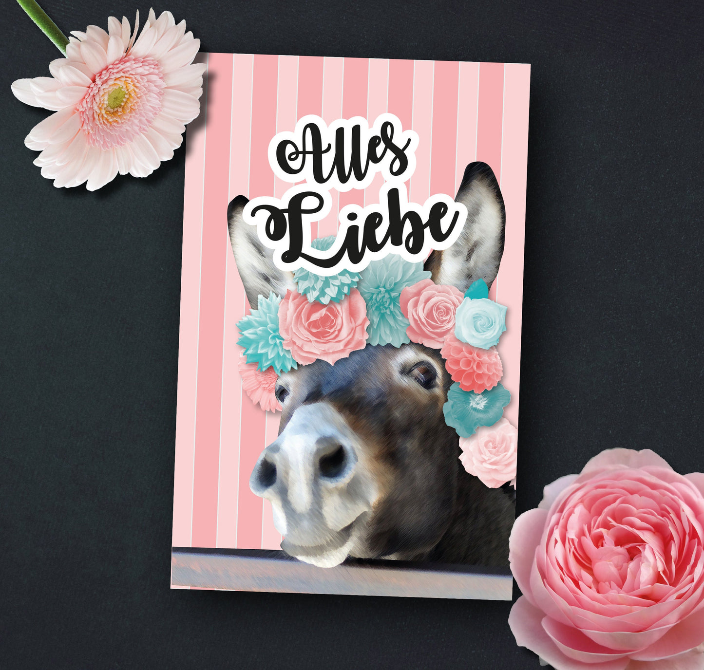 Grußkarte | Geburtstagskarte | Esel mit Blumen | rosa