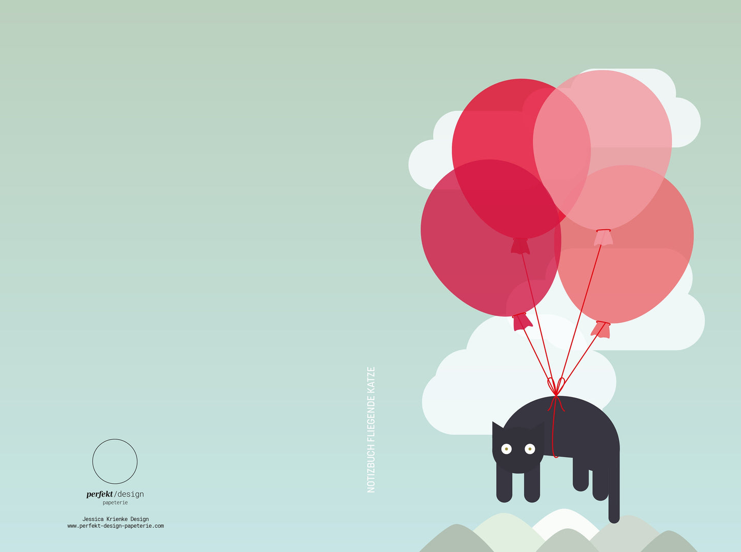 Notizbuch Katze | Fliegende Katze mit Luftballons | 13x20 cm