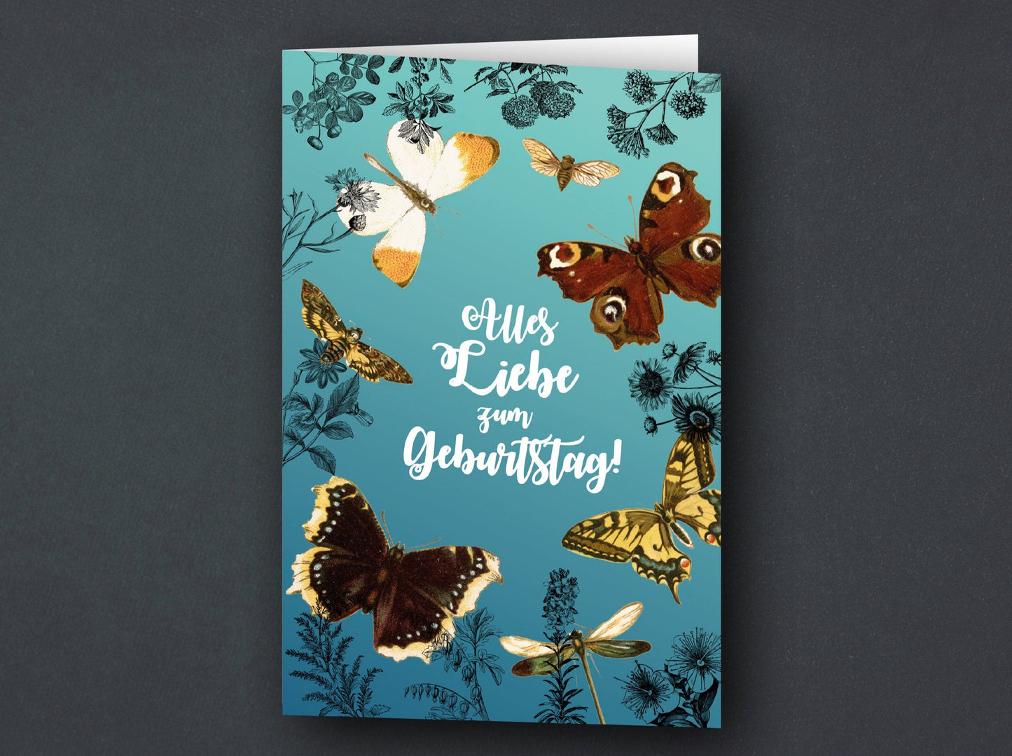 Grußkarte | Geburtstagskarte | Schmetterlinge und Pflanzen | Vintage | blau