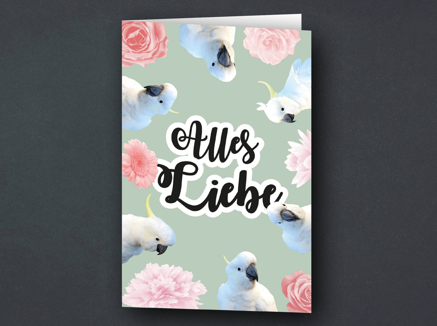 Grußkarte | Geburtstagskarte | Kakadus mit Blumen | rosa, mint