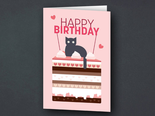 Grußkarte | Geburtstagskarte | graue Katze auf Torte | rosa