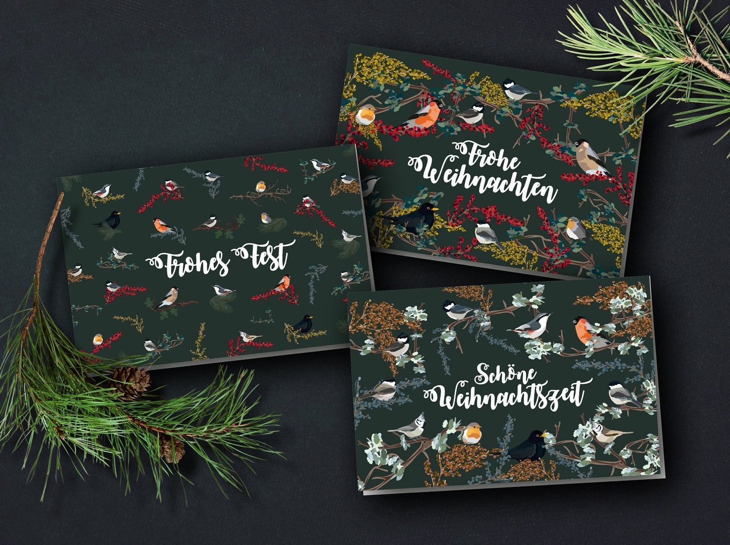 Weihnachtskarten "Heimische Gartenvögel auf Zweigen"